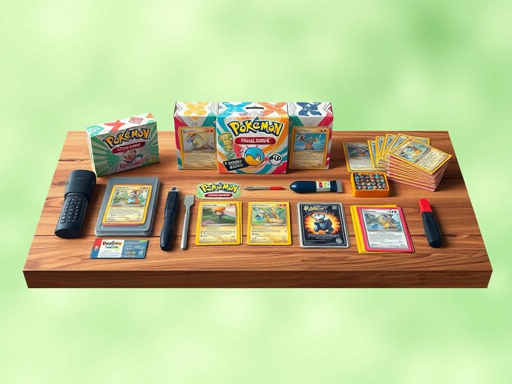 A vibrant, high-resolution photo of a Collector's Bundle Package laid out neatly on a wooden table. The package includes Pokémon cards, protective sleeves, and a small toolkit. The background is a soft, minimalistic blur of green to highlight the colorful cards and tools.