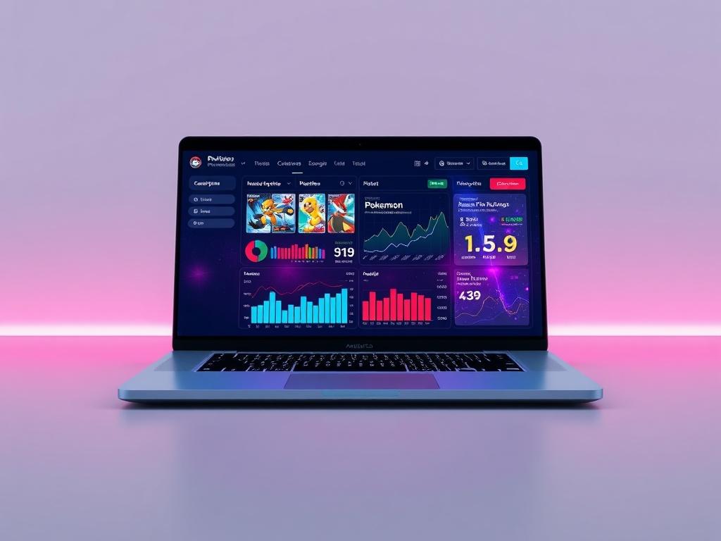 A high-resolution image of a sleek laptop displaying a vibrant, interactive dashboard with Pokémon card data analytics. The background is minimalistic with clean lines and a focus on the computer screen, showcasing detailed graphs and statistics. Use bold colors with an RGB primary color of (50, 170, 39) to emphasize the tech aspect.