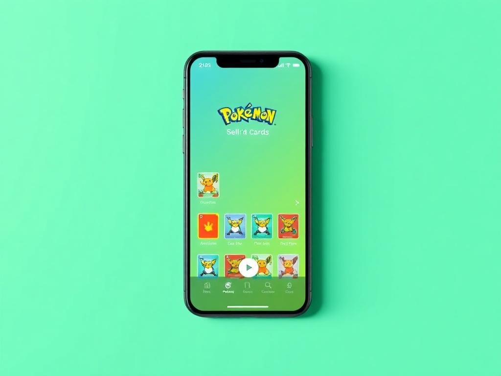 A high-resolution image of a smartphone displaying an easy-to-use app interface for selling Pokémon cards. The background should be clean and modern, showcasing the app’s features with a vibrant color palette, particularly emphasizing the RGB (50, 170, 39) color scheme.