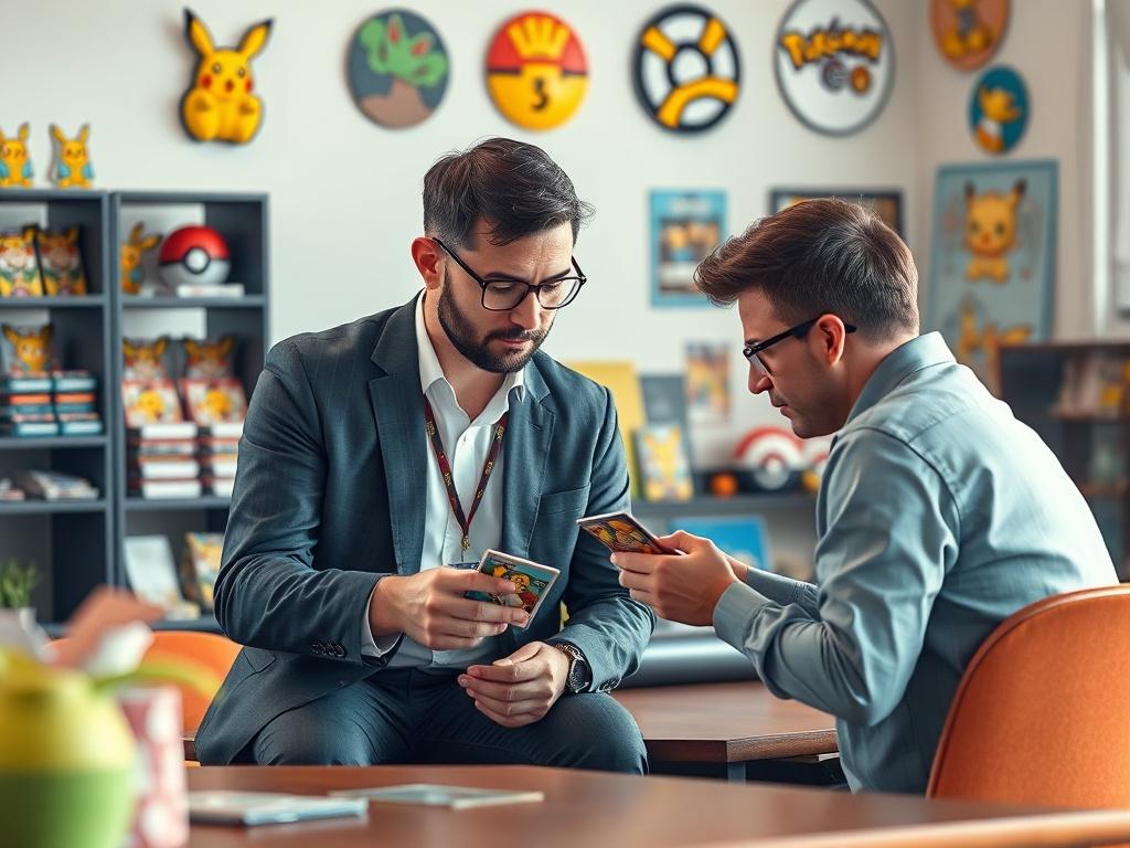 A high-resolution image of a professional-looking coach engaged in a one-on-one session with a client, discussing Pokémon cards. The setting should be bright and inviting, with relevant Pokémon memorabilia in the background. Emphasize the interaction with warm colors and a focus on both individuals.
