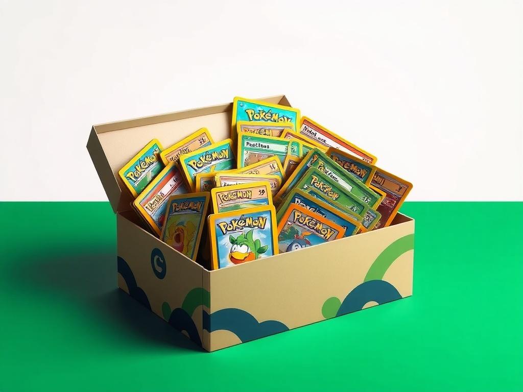 A realistic high-resolution image of an attractive box overflowing with assorted Pokémon cards, neatly organized. The background should be simple and clean, highlighting the vibrant colors of the cards in the box. Include deep greens and bold colors to complement the RGB (50, 170, 39) primary color theme.