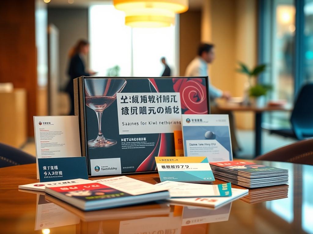 A close-up shot of the Japanese-Kiwi Business Networking Kit displayed on a stylish table, with its contents partially visible, including business cards, networking tips, and event flyers. The background should be a vibrant office setting that conveys professionalism and collaboration.