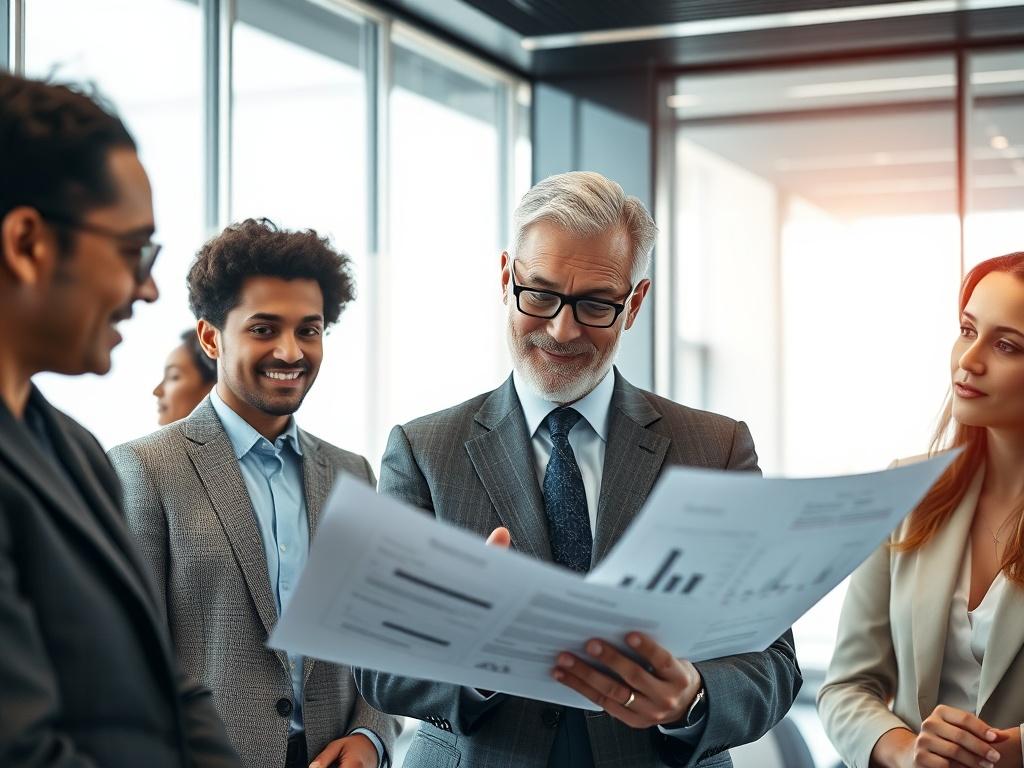A high-resolution close-up of a senior business consultant reviewing a detailed report with a diverse team in a sleek conference room. The focus is on the consultant’s analytical expressions and the team’s engagement with the report, highlighting the collaborative effort in strategic planning. The background should be elegantly blurred, maintaining a professional look, with an emphasis on the rgb(2, 86, 197) color theme.