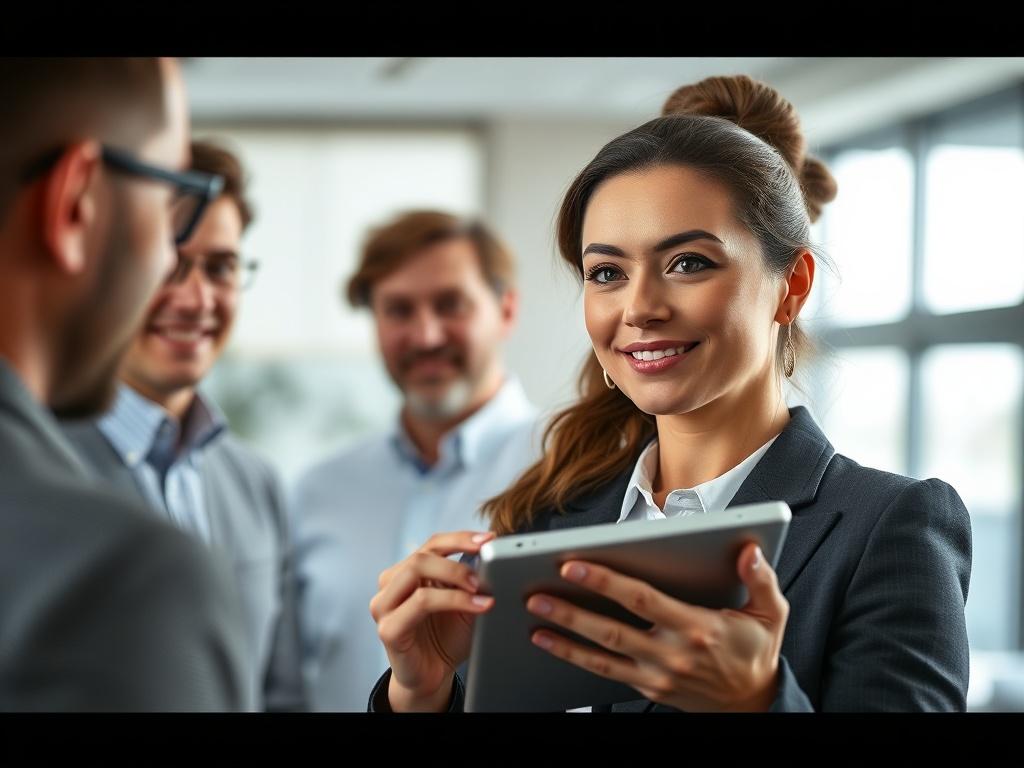 A high-resolution close-up of a businesswoman presenting a strategy on a digital tablet to a group of attentive colleagues in a bright office environment. The focus is on her confident expression and the engagement of the audience, emphasizing the importance of collaboration in business growth. The background should be softly blurred, creating a professional yet dynamic atmosphere, with the color tone resonating with rgb(2, 86, 197).
