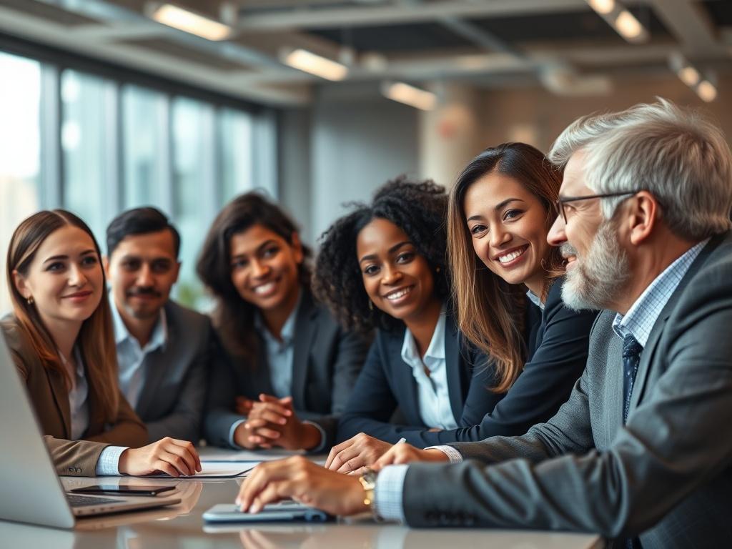 A high-resolution close-up image of a diverse group of business professionals in a modern office setting, engaged in discussion around a table. The focus is on their expressions and interaction, showcasing collaboration. The background is blurred to emphasize the group while maintaining a professional ambiance. The image should reflect a vibrant atmosphere with soft lighting and suitable for the theme of international business relations. The primary color should be rgb(2, 86, 197).