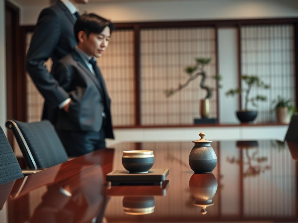 Create a realistic high-resolution photo that captures the essence of Japanese business etiquette. The composition should focus on a single subject: a professional Japanese businessperson in a formal attire, such as a tailored suit, standing confidently in an office environment. The subject should be positioned slightly off-center to create visual interest, engaging with a traditional Japanese tea set placed neatly on a polished conference table beside them. 

In the background, include a softly blurred vie