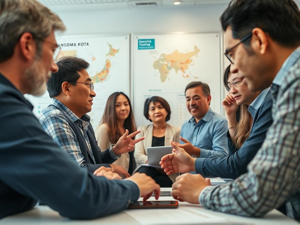A diverse group of professionals engaged in a cultural training workshop, surrounded by visual aids such as infographics and maps. The setting is bright and collaborative, with participants actively discussing and sharing insights. The atmosphere is dynamic, reflecting a blend of Japanese and New Zealand cultural elements.