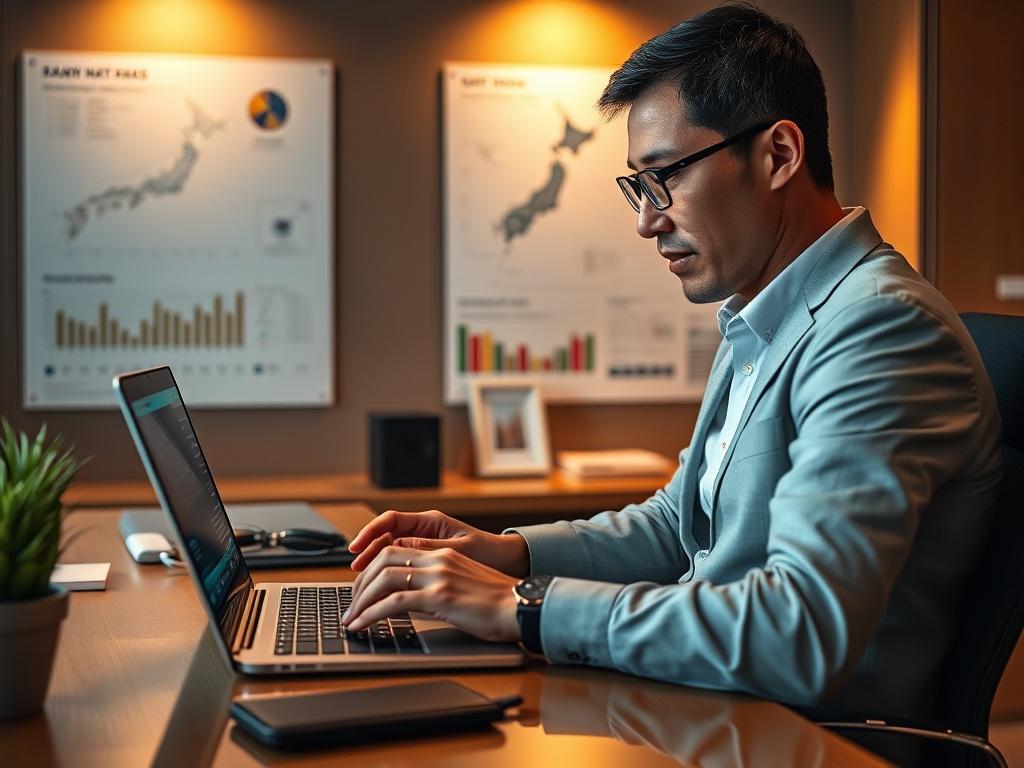 A professional consultant analyzing market data on a laptop, seated at a modern office desk. The background features charts and maps of Japan and New Zealand. The lighting is warm and inviting, creating a focused atmosphere. The consultant appears engaged and thoughtful, showcasing a blend of cultures in attire and office decor.