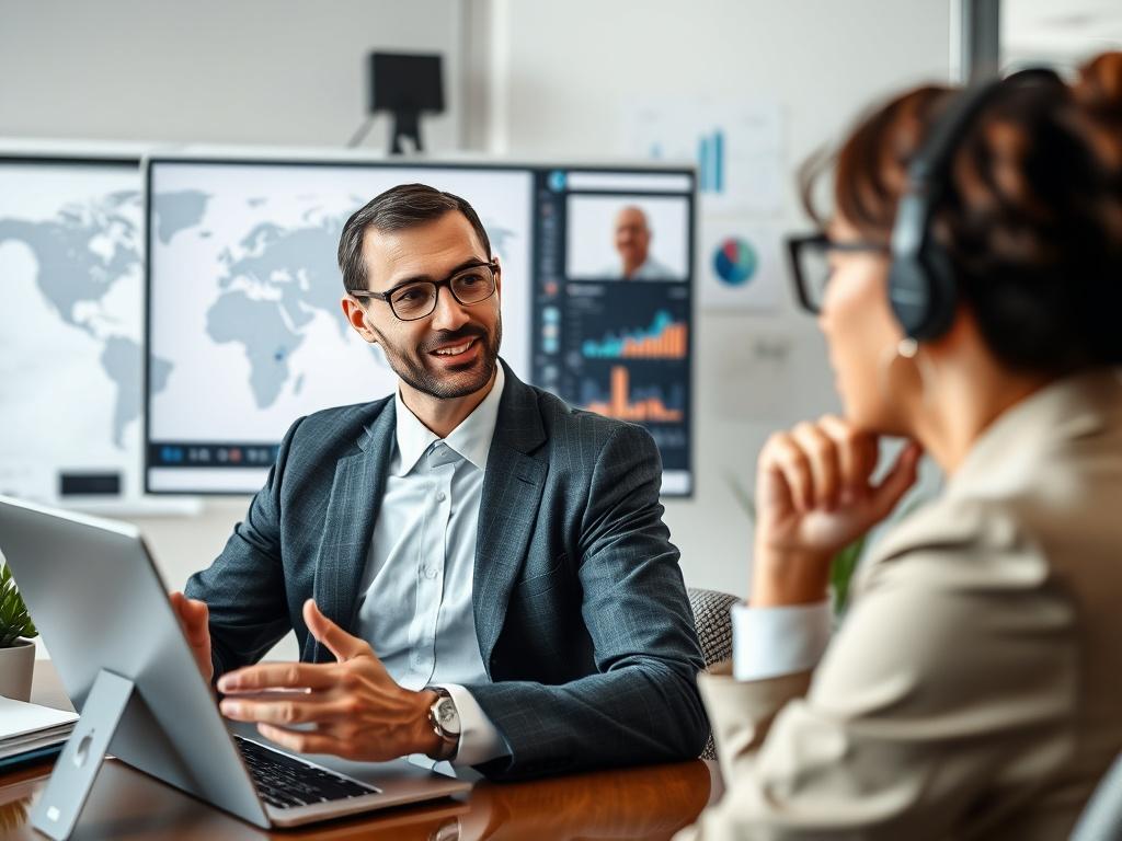 A business consultant discussing strategies with a client via video call, with a world map and business charts in the background. The setting conveys professionalism and a global perspective, emphasizing the international nature of business consultancy.
