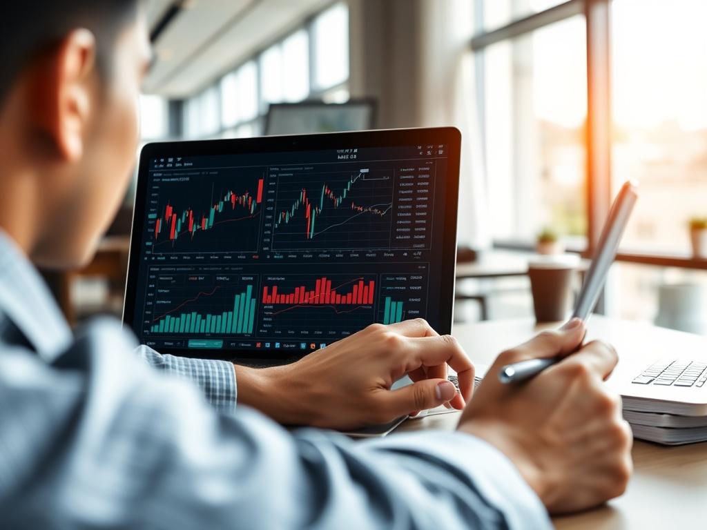 A close-up shot of a business professional analyzing market data on a laptop, with charts and graphs visible on the screen. The setting is a modern office space with natural light coming through the window, showcasing a blend of Japanese and New Zealand elements in the decor.