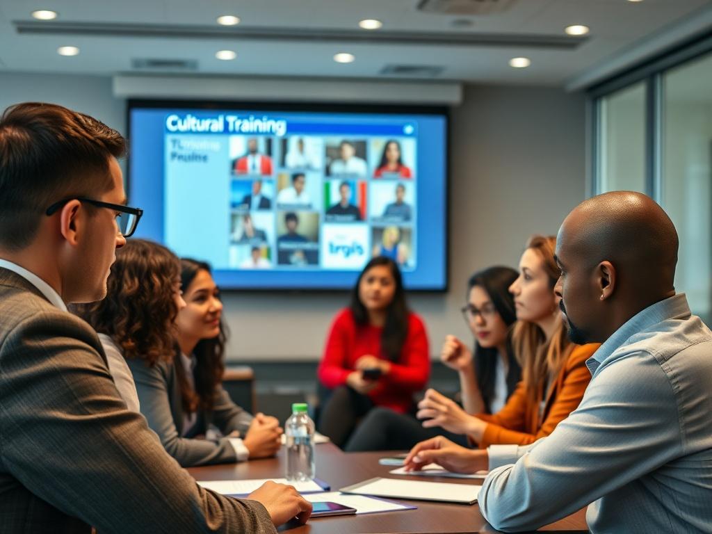 A high-resolution image of a diverse group of professionals engaged in a cultural training workshop, with participants discussing and sharing ideas. The background features a modern presentation screen displaying multicultural themes.