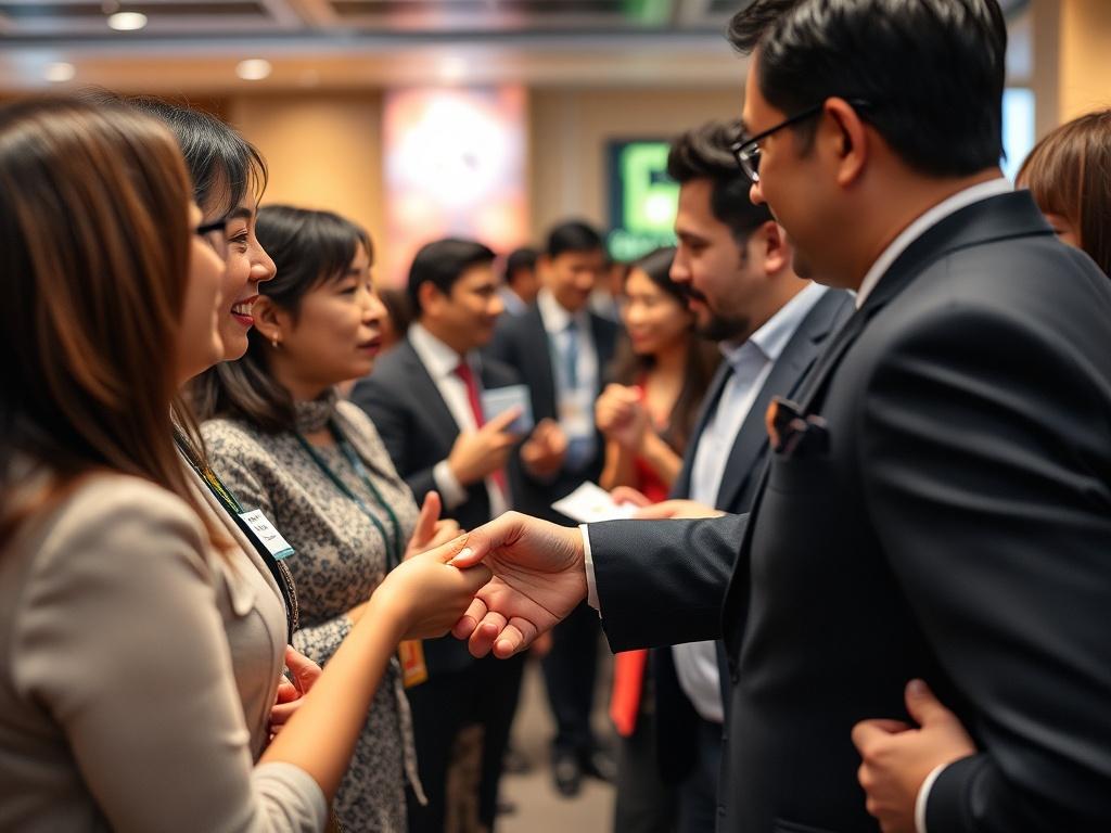 A close-up shot of a business networking event with professionals shaking hands and exchanging business cards. The atmosphere is vibrant, with a mix of Japanese and Kiwi cultural elements present in the setting.
