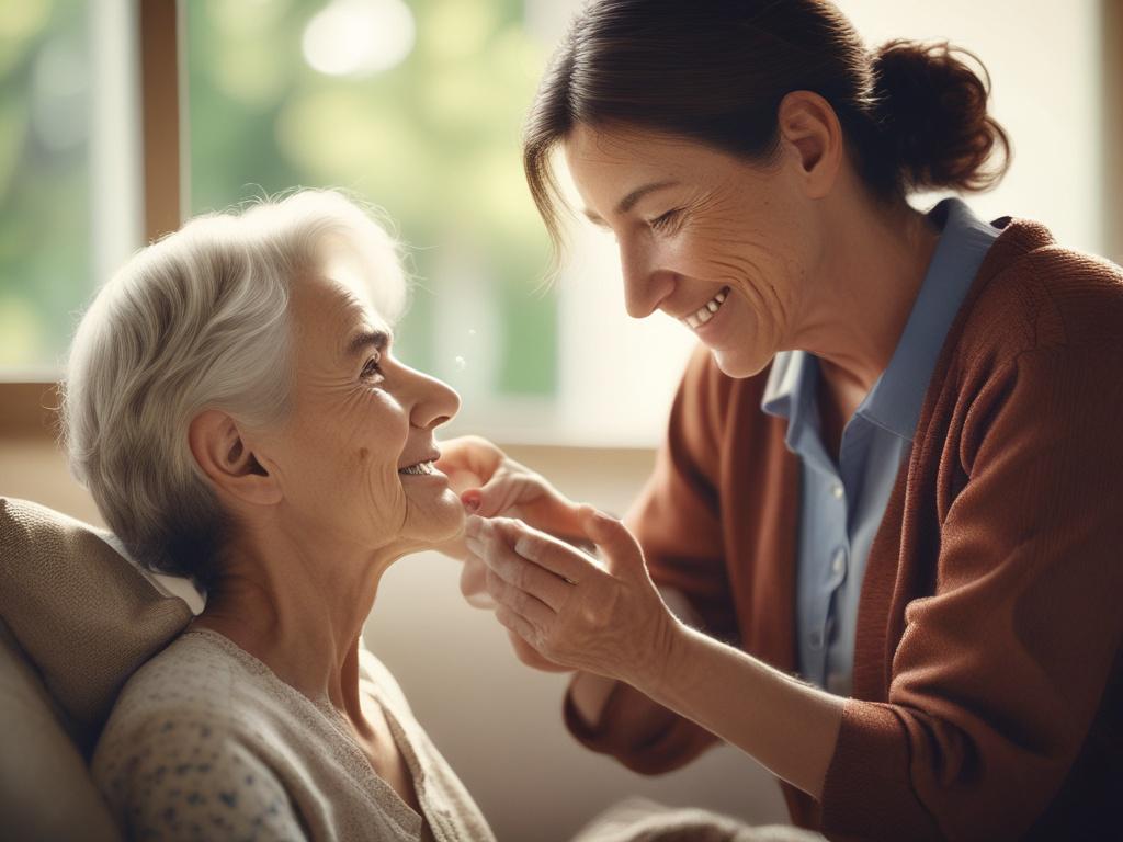 a close-up shot of a compassionate caregiver engaging with a client in a warm, inviting setting, emphasizing a supportive interaction, with soft natural lighting and a homely background, captured with a 45mm f/1.2 lens style.