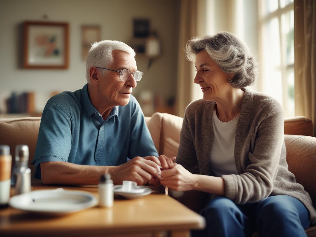 A compassionate caregiver assisting a patient in a cozy home setting. The caregiver is gently helping the patient with medication management. The background features a warm, inviting living room with soft natural light streaming through a window. The focus is on the caregiver and patient, captured in a close-up shot using a 45mm f/1.2 lens style.