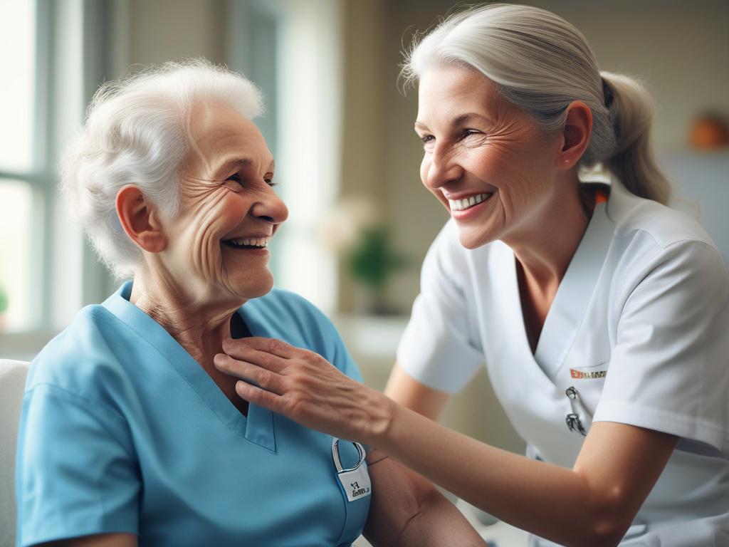 A close-up of a compassionate CNA (Certified Nursing Assistant) smiling warmly while providing care to an elderly patient. The background is softly blurred, emphasizing the CNA's caring expression and professional demeanor. The focus is on the connection between the CNA and the patient, highlighting the warmth and dedication of home health care services.