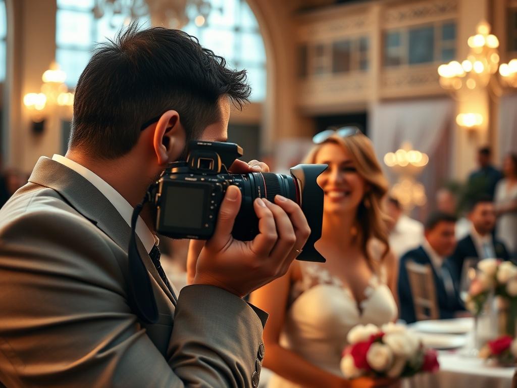 A close-up shot of a professional photographer capturing a joyful moment at a wedding. The photographer is focused on a couple laughing, with a blurred background of decorated tables and guests enjoying the celebration. The lighting is warm and inviting, showcasing the emotional atmosphere of the event. The composition should emphasize the photographer's attention to detail, with a clear view of the couple's happiness.