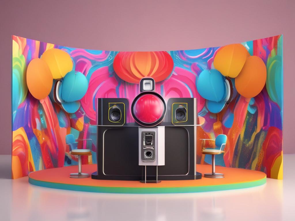 A close-up shot of a modern 360° photo booth, featuring sleek design and vibrant props, set against a soft-focus colorful backdrop. The booth is surrounded by excited guests posing for pictures, showcasing smiles and laughter. The lighting is warm and inviting, creating an engaging atmosphere.