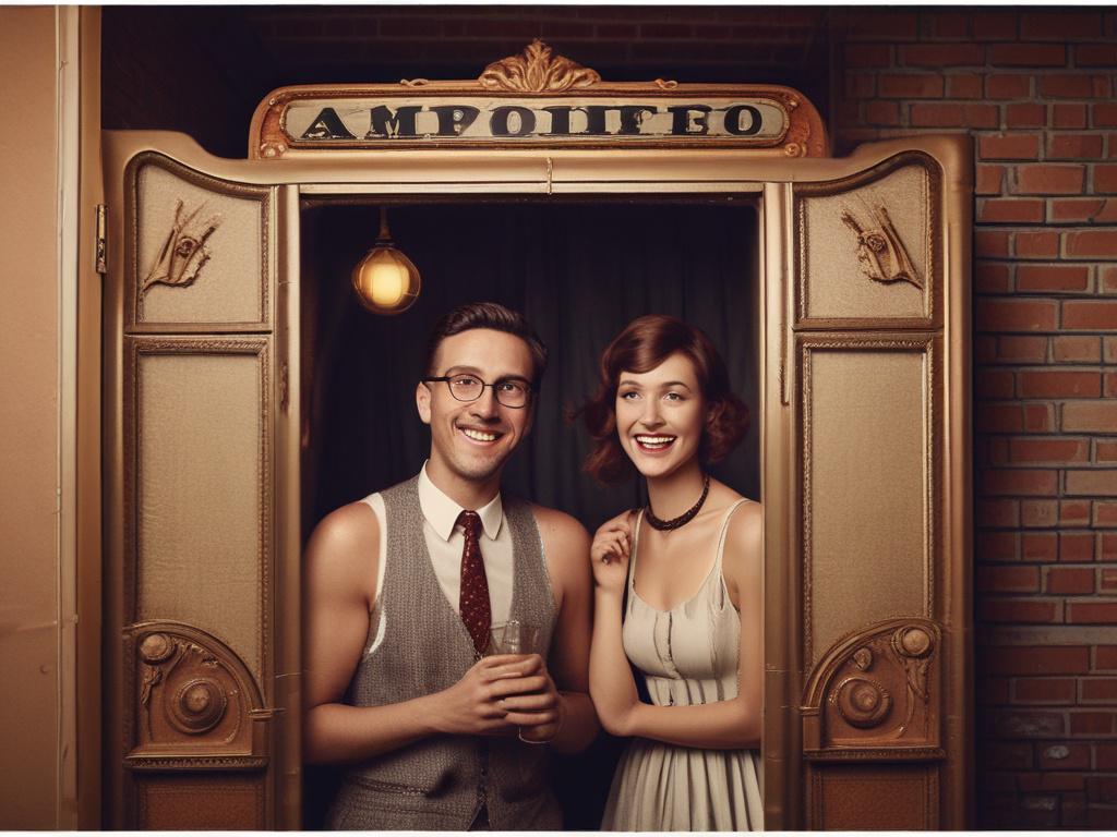 A close-up shot of a vintage-style photo booth with elegant design elements, surrounded by playful props. Guests are seen laughing and posing inside the booth, with a backdrop of string lights creating a warm and inviting ambiance. The image captures the essence of joy and nostalgia.