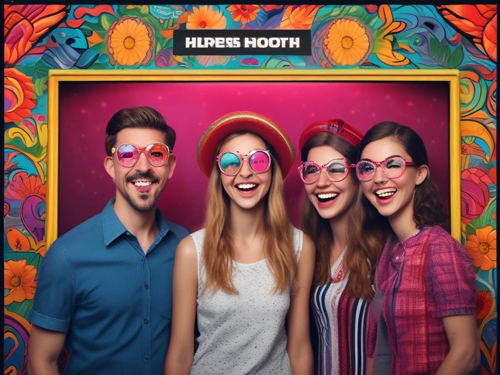 A close-up shot of an interactive photo booth with a vibrant touch-screen interface. Guests are seen engaging with the screen, applying filters and stickers, surrounded by colorful props. The background is lively and festive, filled with balloons and decorations that reflect a cheerful atmosphere.