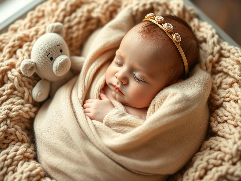 A close-up shot of a peaceful newborn baby swaddled in a soft, neutral-colored blanket, lying on a cozy, textured surface. The baby has a serene expression with eyes closed, surrounded by delicate props like a plush toy and a small flower crown. The background is softly blurred to emphasize the baby, with gentle natural light illuminating the scene, creating a warm and inviting atmosphere.
