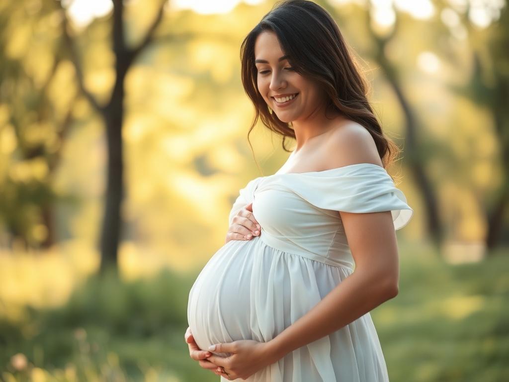 A pregnant woman in a serene outdoor setting, dressed in a flowing white gown that accentuates her baby bump. The background features soft greenery and warm sunlight filtering through trees, creating a tranquil and ethereal atmosphere. The focus is on her radiant smile and gentle pose, emphasizing the beauty of motherhood. The composition is simple, with the woman as the sole subject, captured in high-resolution detail, showcasing her joy and the elegance of the moment.