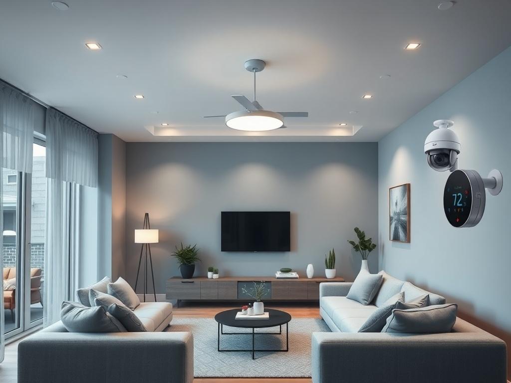 A high-resolution image of a modern living room showcasing smart home automation features, including smart lights, a smart thermostat, and a sleek CCTV camera. The room has a cool-toned aesthetic with shades of rich blues and soft grays. The bright, inviting space emphasizes a blend of technology and comfort, demonstrating a futuristic yet cozy home environment.