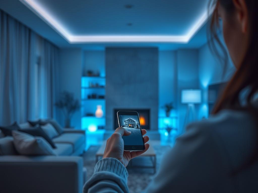 A high-resolution photo of a person using a smartphone to control smart home devices in a modern living room. The image should convey a sense of comfort and technology, with cool-toned colors to enhance the ambiance.