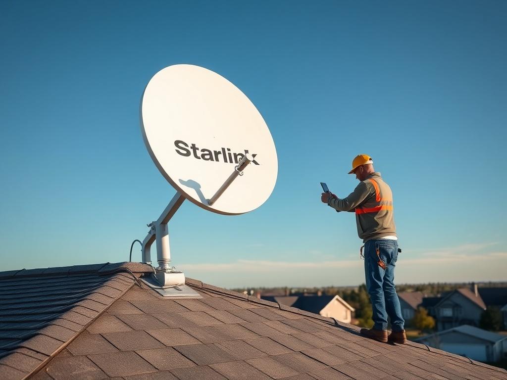 A high-resolution photo of a person installing a Starlink satellite dish on a rooftop, showcasing the product and the technician at work. The background features a clear blue sky and distant houses, emphasizing a modern suburban setting with a cool, calming color palette.