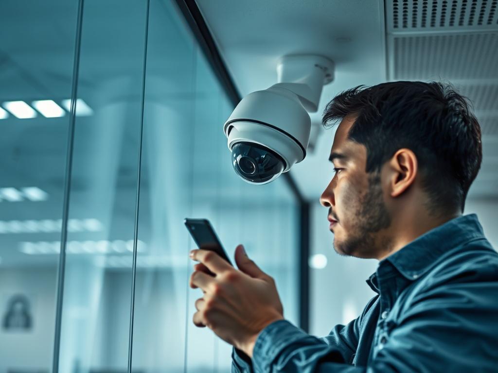 A realistic high-resolution photo of a CCTV camera being installed on a wall, with a technician focused on the task. The background should show a modern office environment, emphasizing security and professionalism, with cool-toned colors.
