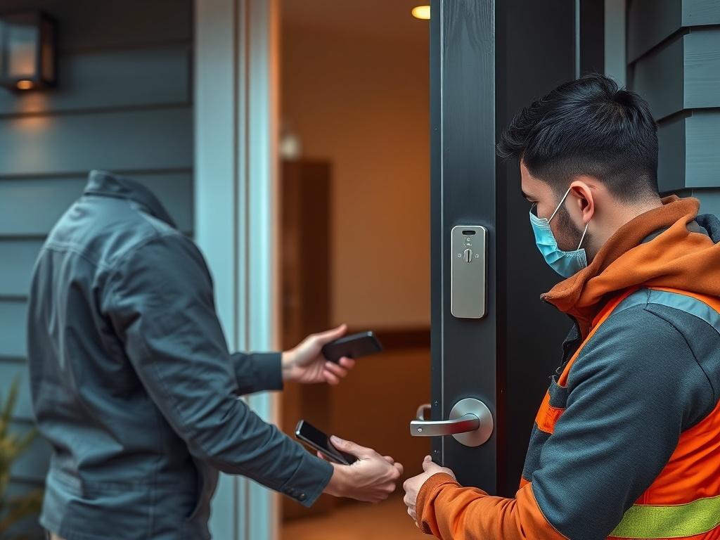 A realistic high-resolution photo of a technician installing a smart lock on a modern front door, highlighting the technology and the skill involved in the installation. The background should show a stylish home entrance with cool-toned colors.