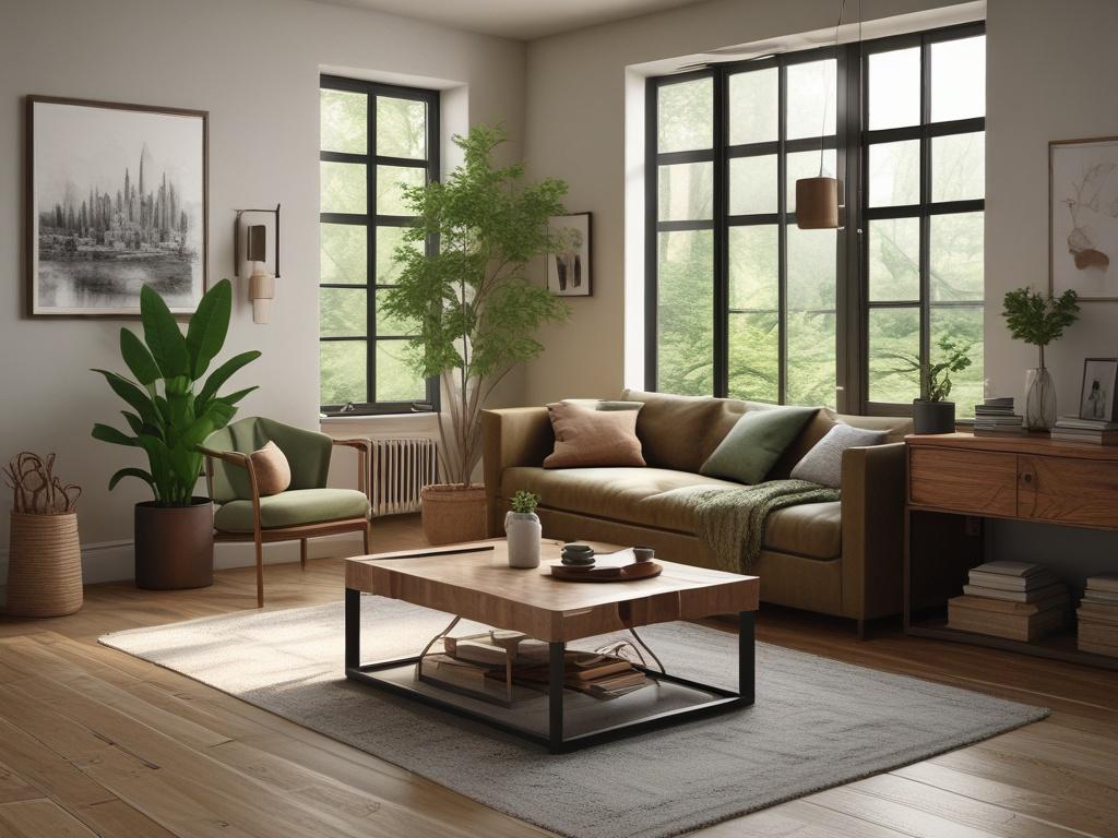 a clean, inviting living room with natural light, featuring green plants, rustic wooden furniture, and spotless surfaces