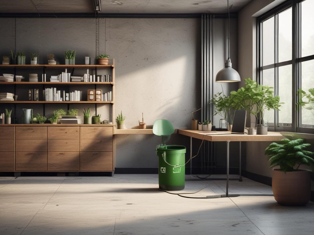 a pristine workplace with sanitized surfaces, green cleaning products, and a professional cleaner in action