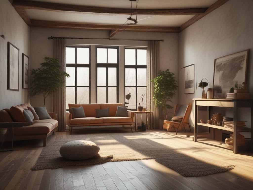 An empty room after construction, with a cleaner using eco-friendly products to wipe down surfaces. The room should have visible dust particles in the air, but the cleaner is focused and determined. The composition should convey a sense of transformation, with a clean and fresh look emerging from the chaos.