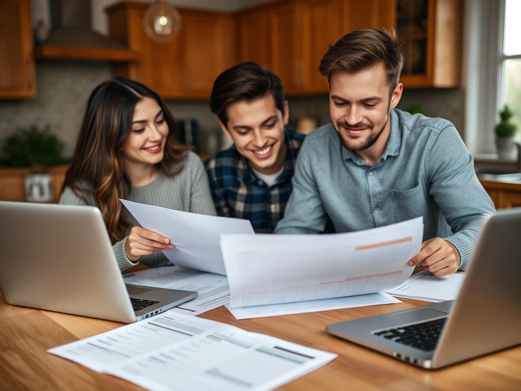 A close-up shot of a young couple reviewing their financial plans at a kitchen table, surrounded by paperwork and a laptop. The image should convey a sense of planning and security, with warm lighting and a cozy home atmosphere, shot with a 45mm f/1.2 lens for clarity.