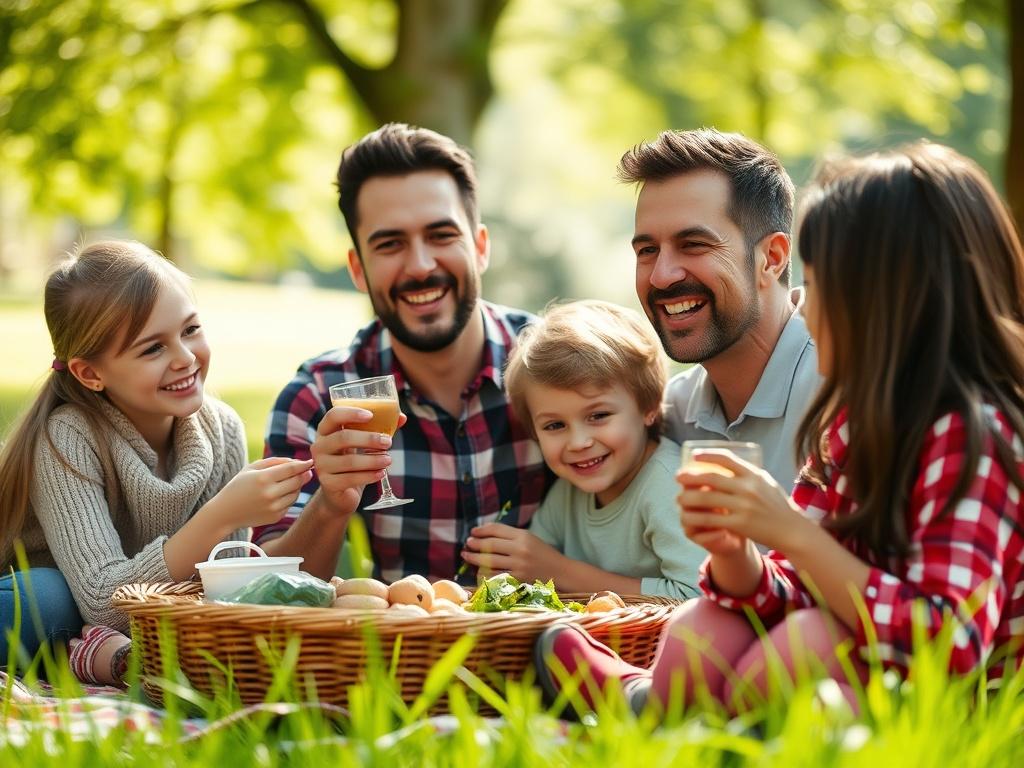 A close-up shot of a happy family enjoying a picnic in a lush park, emphasizing security and togetherness. The scene should capture the warmth and love between family members, with vibrant green grass and trees in the background, shot with a 45mm f/1.2 lens to create a soft-focus effect.