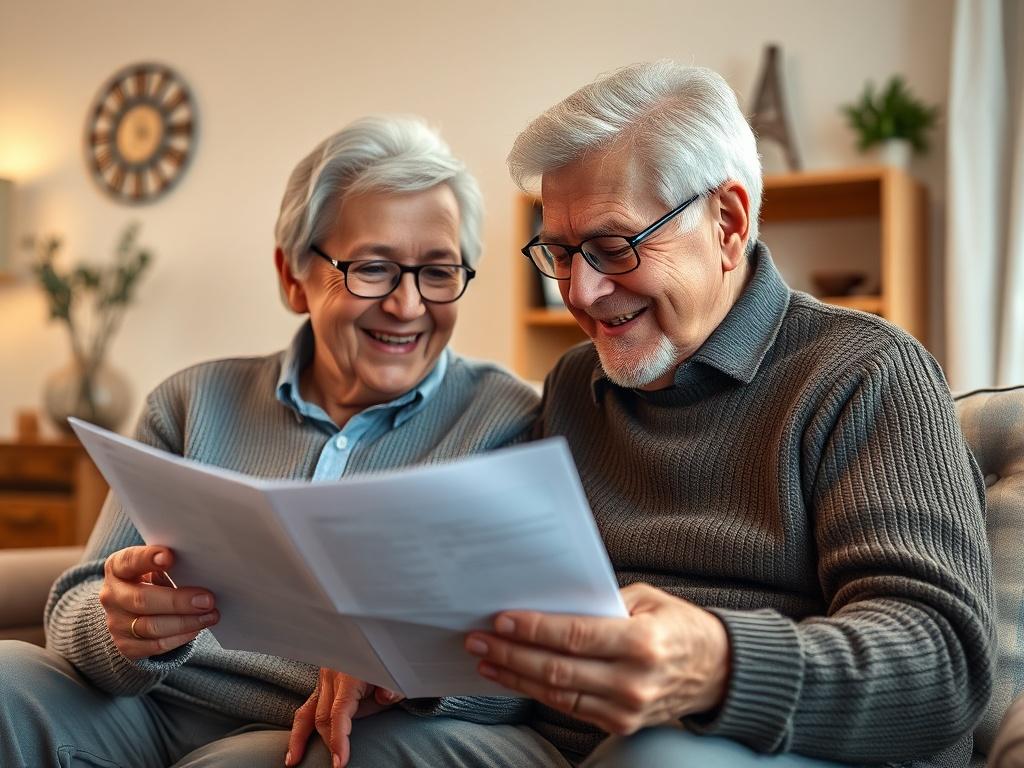 A close-up shot of an older couple happily discussing their retirement plans while looking at a financial document. The background should depict a comfortable living space, symbolizing security and tranquility, captured with a 45mm f/1.2 lens for depth.