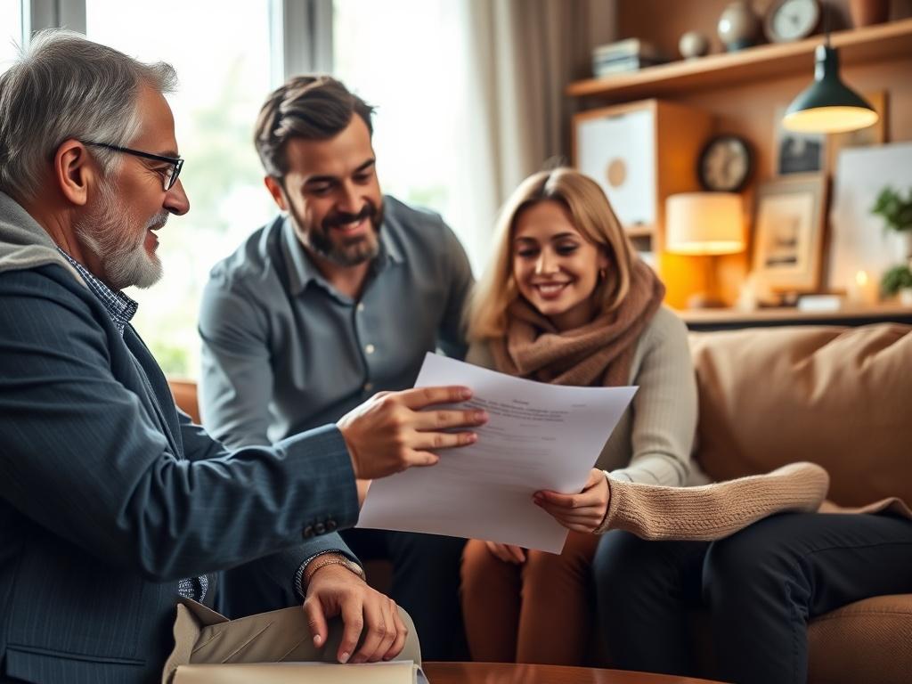 A close-up shot of a professional financial advisor discussing financial plans with a family in a cozy office setting. The advisor is presenting a financial document to the family, showcasing a sense of trust and collaboration. The background features warm colors and financial planning materials, creating an inviting atmosphere. The image is realistic and high-resolution, captured with a 45mm f/1.2 lens.