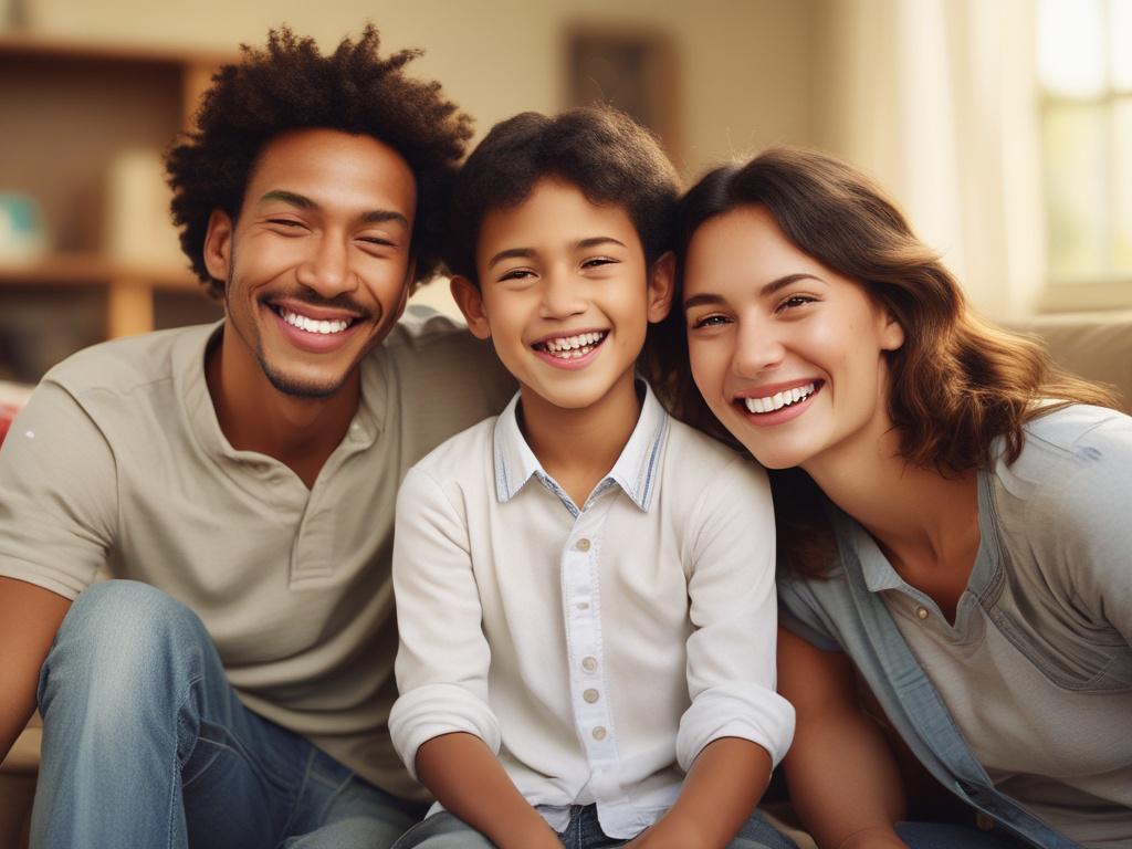 A close-up shot of a family celebrating a milestone, showcasing joyful expressions with a soft, warm background. The focus is on the family members, emphasizing their happiness and unity. The image should capture genuine emotions, reflecting security and love, rendered in hyper-realistic detail, shot with a 45mm f/1.2 lens.