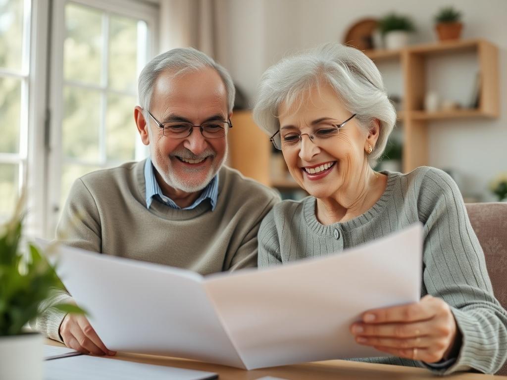 A close-up shot of an older couple happily reviewing their retirement plans in a cozy home office. The setting should be bright and cheerful, highlighting the couple's contentment and security. Natural light should illuminate their faces, creating a warm atmosphere. Shot with a 45mm f/1.2 lens.