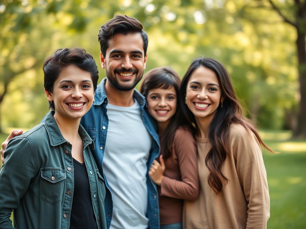 A close-up shot of a confident family standing together outdoors, smiling and radiating happiness. The background should be a lush green park, symbolizing growth and stability. The lighting should be warm and inviting, with a soft focus on the family. The image should convey security and warmth, shot with a 45mm f/1.2 lens.