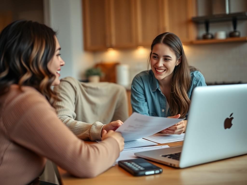 A close-up shot of a young couple discussing finances at a kitchen table, with documents and a laptop in front of them. The ambiance should be warm and inviting, emphasizing trust and collaboration. The couple should look engaged and positive, highlighting the importance of planning for the future. Captured using a 45mm f/1.2 lens.