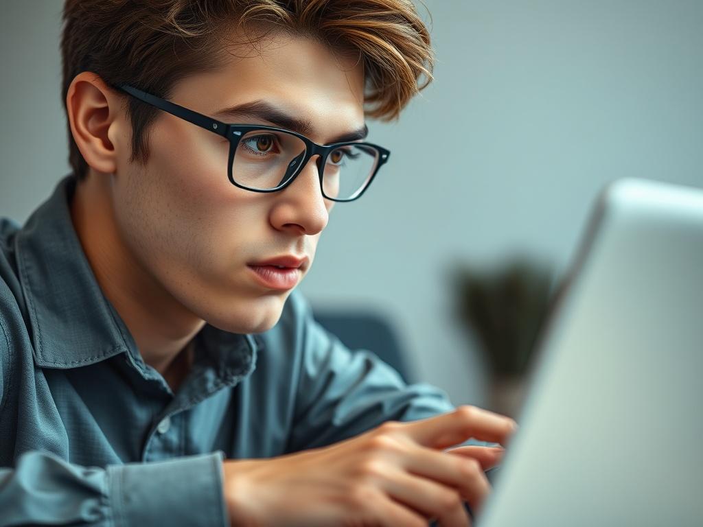 A close-up shot of a young professional looking at a laptop, contemplating insurance options. The expression shows determination and focus, encapsulating the essence of planning for the future. The backdrop is a simple office environment, conveying professionalism and clarity. The image should be hyper-realistic, shot with a 45mm f/1.2 lens style, and compatible with the rgb(245, 77, 77) primary color.
