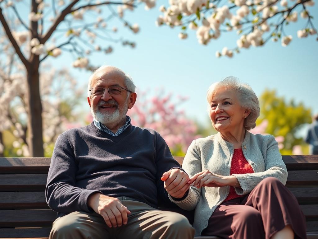 A close-up shot of a serene elderly couple sitting on a bench in a park, enjoying their retirement. The couple is smiling as they hold hands, representing love and financial security. The background features blooming flowers and a clear blue sky, portraying tranquility. The image should be hyper-realistic, shot with a 45mm f/1.2 lens style, and compatible with the rgb(245, 77, 77) primary color.