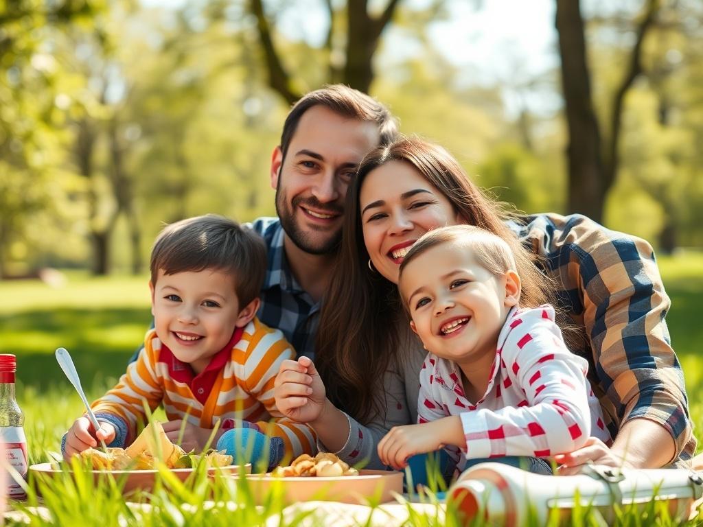 A close-up shot of a family enjoying a picnic in a sunny park, representing security and togetherness. The focus is on a smiling couple with children, highlighting happiness and stability. The background shows green grass and trees, creating a warm and inviting atmosphere. The image should be hyper-realistic, shot with a 45mm f/1.2 lens style, and compatible with the rgb(245, 77, 77) primary color.