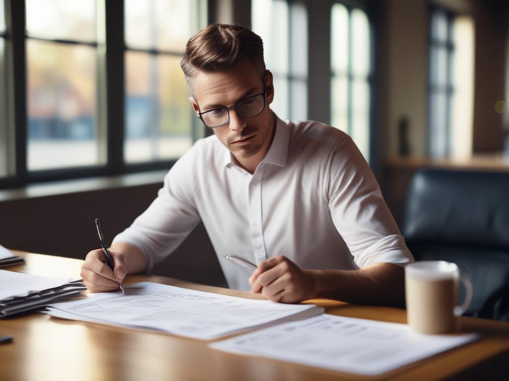 A close-up shot of a confident individual reviewing insurance documents in a serene office environment. The setting features a warm and inviting atmosphere, with natural light coming through a window, highlighting the subject. The focus is on the individual engaged in the process of understanding their whole life insurance options, with a subtle background of shelves displaying financial books and a potted plant.