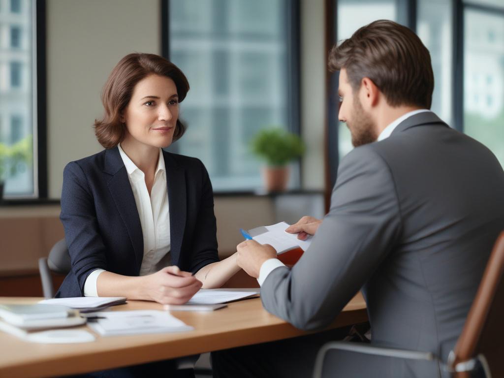 A close-up shot of a compassionate advisor discussing final expense insurance options with an individual in a comforting office environment. The advisor's demeanor is warm and understanding, emphasizing the sensitive nature of the topic. The background features soft colors and personal touches, creating a supportive atmosphere for such an important conversation.