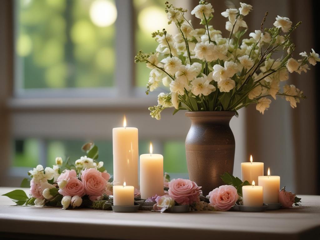 A close-up shot of a serene memorial setting with flowers and candles, symbolizing respect and remembrance. The image conveys tranquility and the importance of planning for final expenses to provide comfort to loved ones.