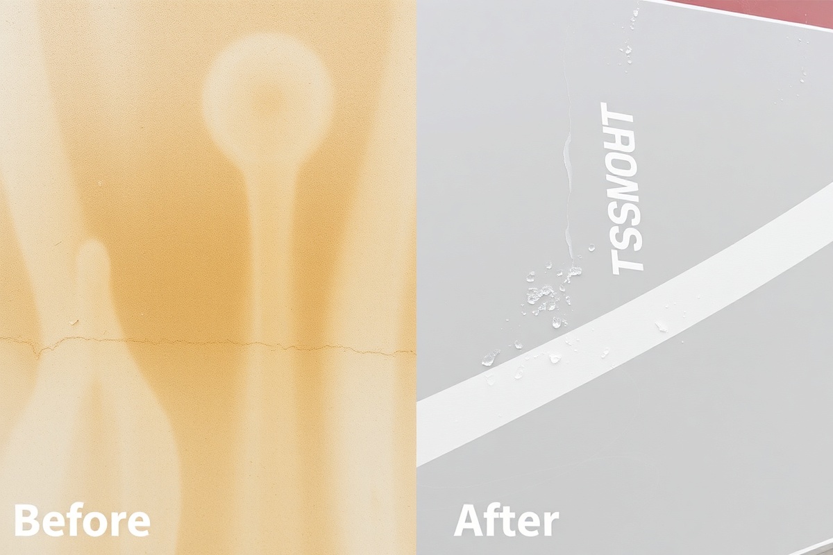 Close-up of dish soap damage on RV exterior - oxidized surface and chalky residue