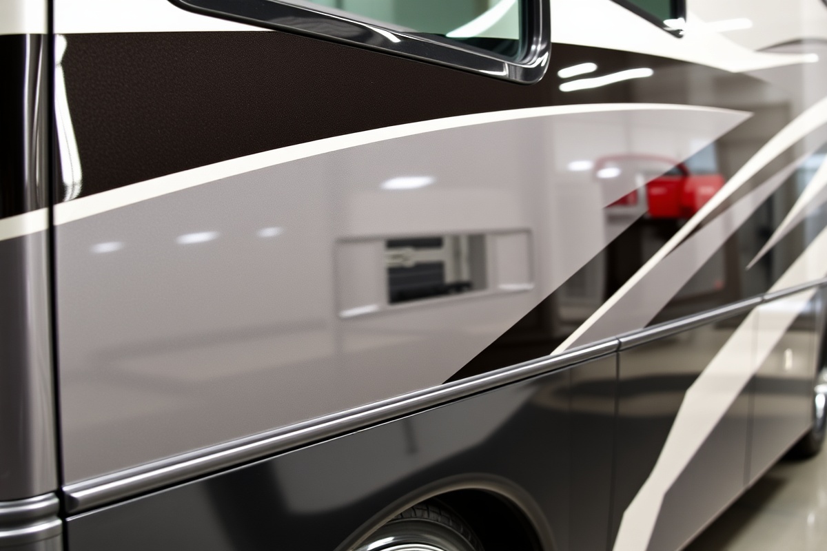 RV with gleaming ceramic coating - water beading, mirror-like finish, professional detailing results