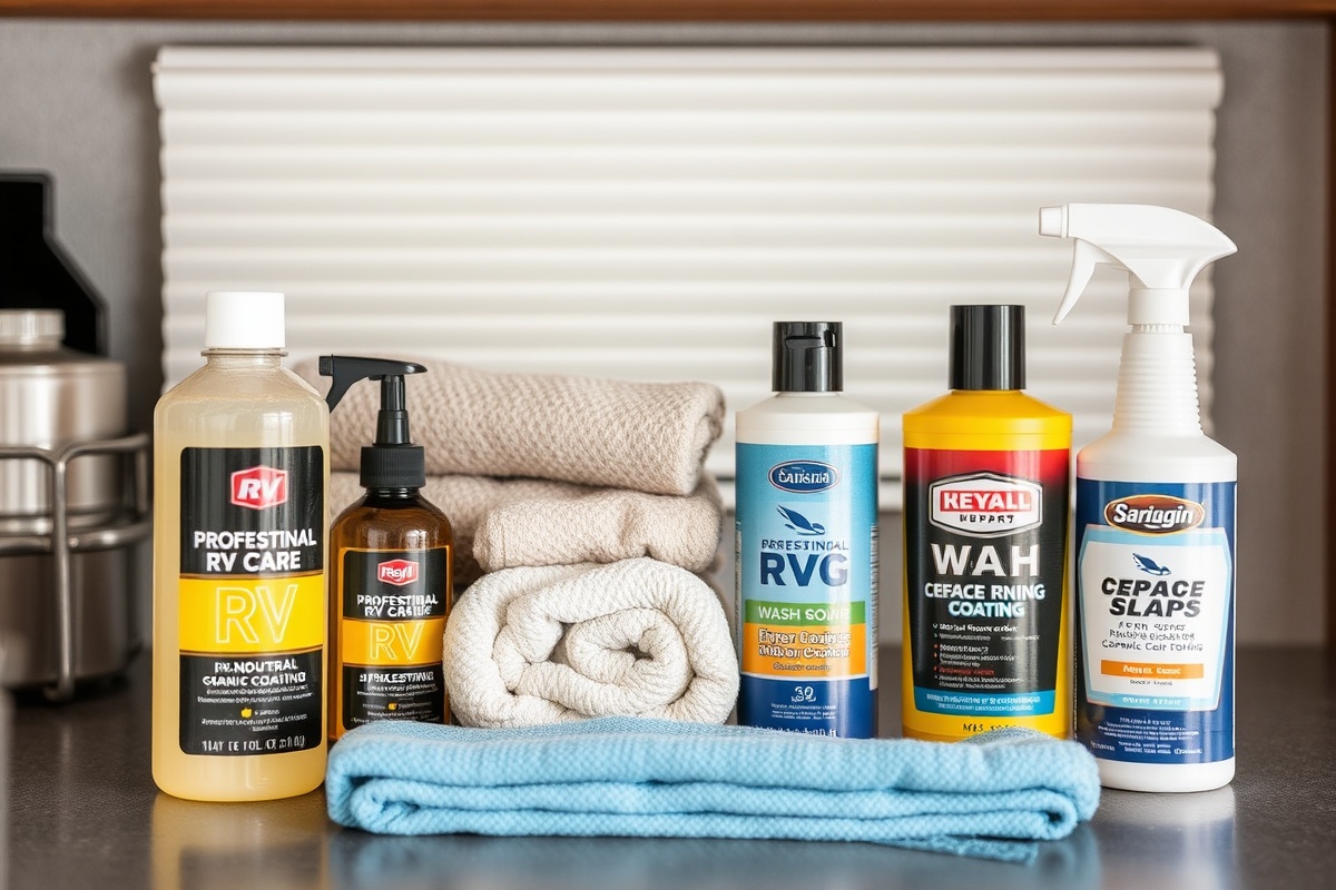 Professional RV care products - pH-neutral wash soaps, microfiber towels, wax, and ceramic coating bottles